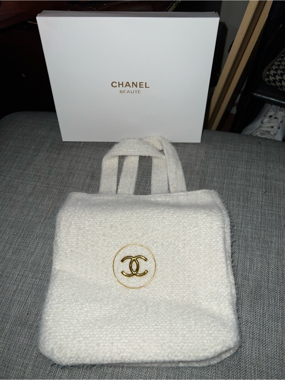 Cream Bouclé Mini Tote with Gold CC Emblem